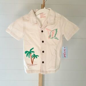 Toddler Boys' Embroidered Tropical Button Down - Cat & Jack Cream: Bird